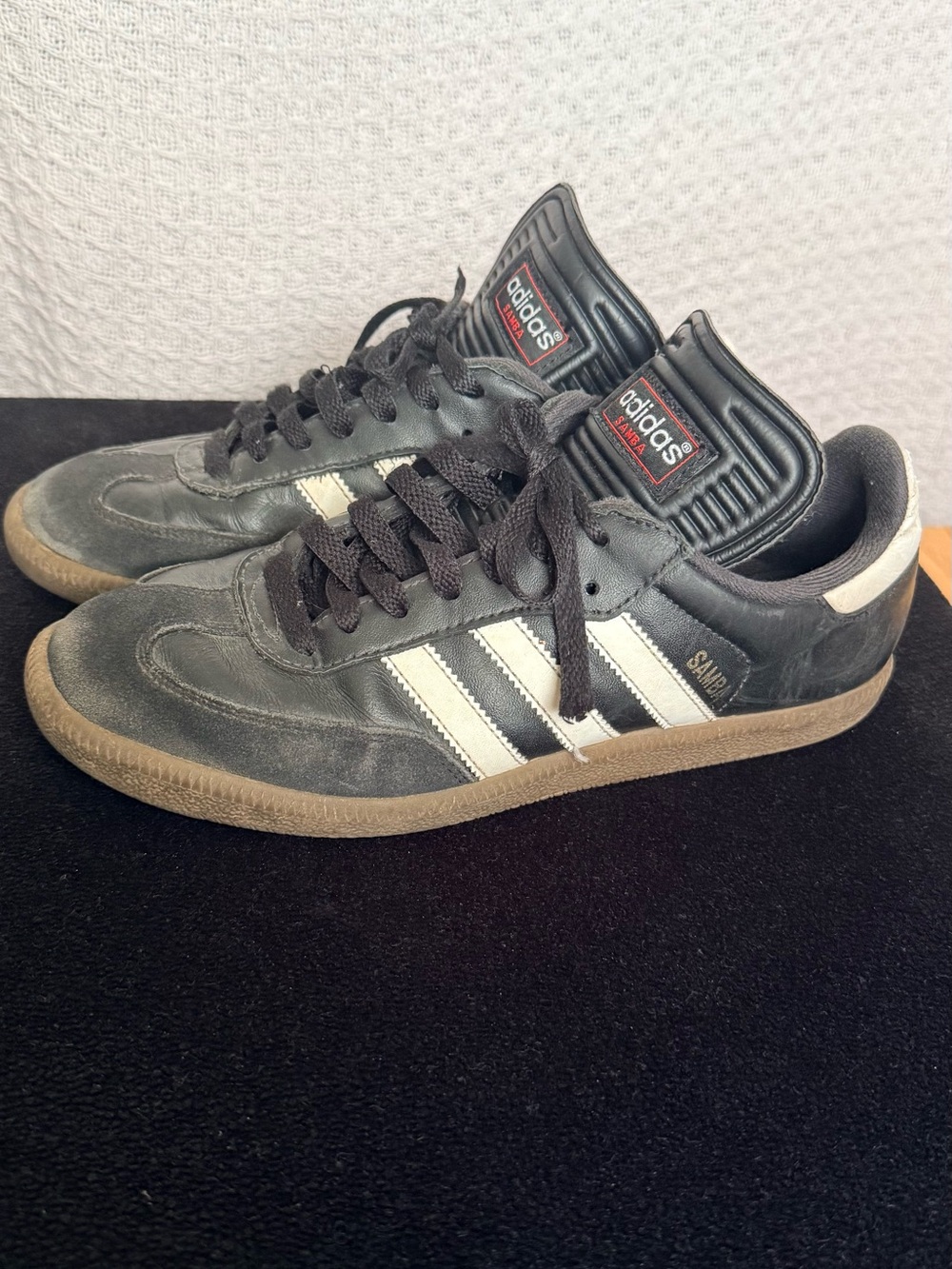 adidas Black Leather Sneakers with White Stripes and Gum Sole